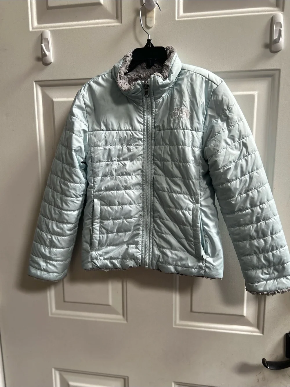 The North Face Girls' Light Blue Mossbud Swirl Reversible Insulated Jacket Sz 6